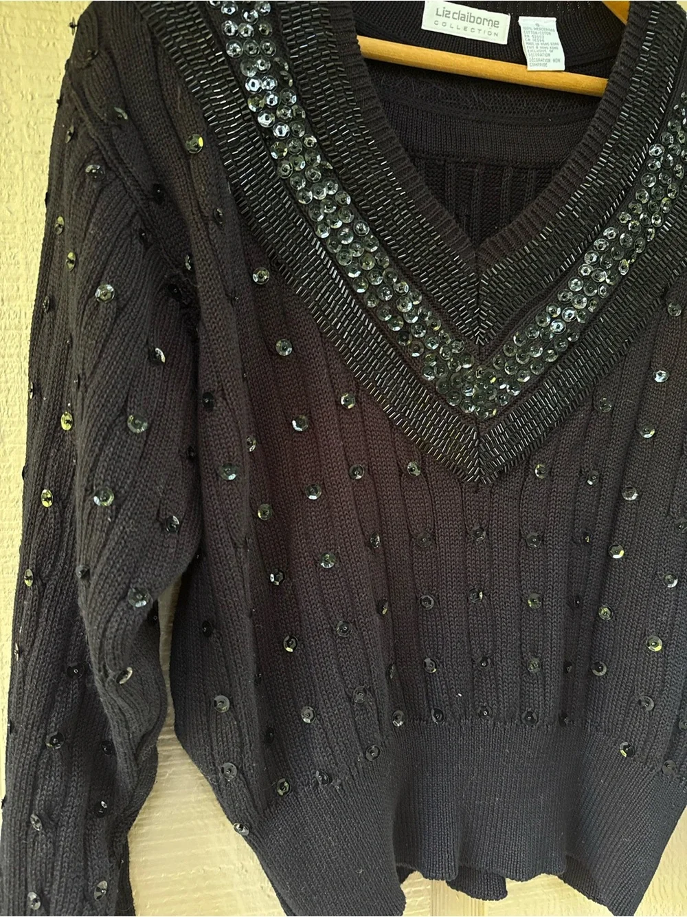 Vintage Liz Claiborne Black Sequin Embellished V-Neck Ribbed Tennis Sweater S